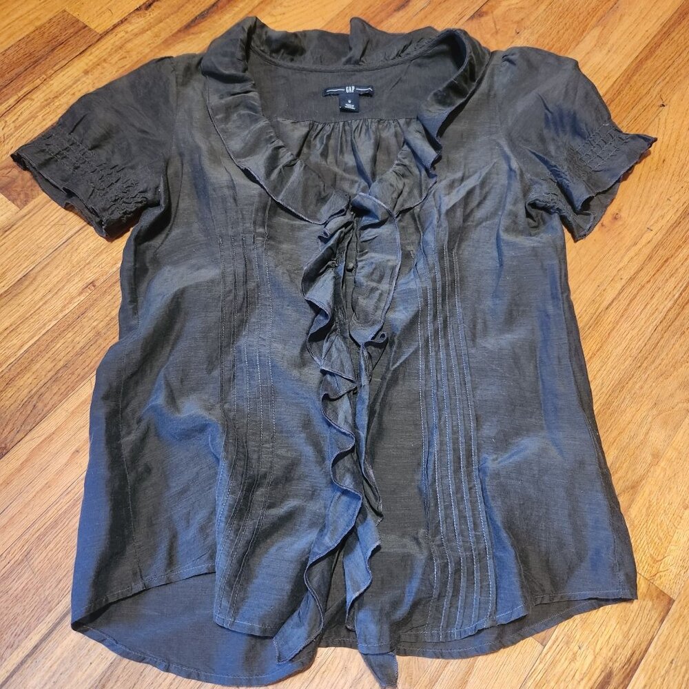 Gap Womens Black Ruffle Short-Sleeve Thin Blouse Size 0 Layering Career We